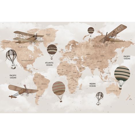 Carte du monde pour enfants avec avions et ballons, papier peint photo DWK299 200x135 (1/5)
