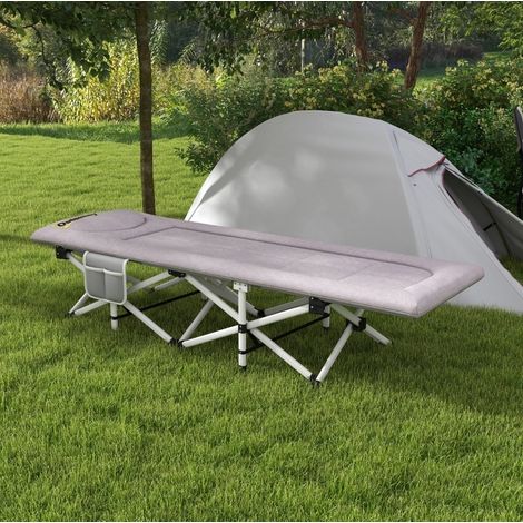 Lit de camp pliable en acier, gris, 200x65x42 cm, avec oreiller intégré et poche de rangement