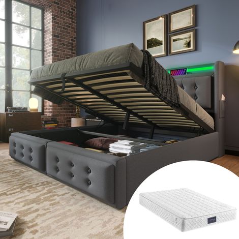 Lit coffre 140x200 LED USB, matelas, gris HAVRYA (1/5)