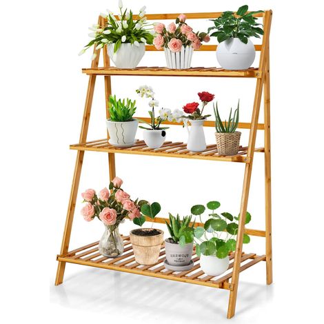 COSTWAY 3 Ebenen Pflanzenleiter klappbar, Pflanzenregal Bambus, Blumenregal Blumenleiter freistehend, Blumenständer für innen draußen, Blumentreppe Pflanzentreppe Leiterregal, Natur