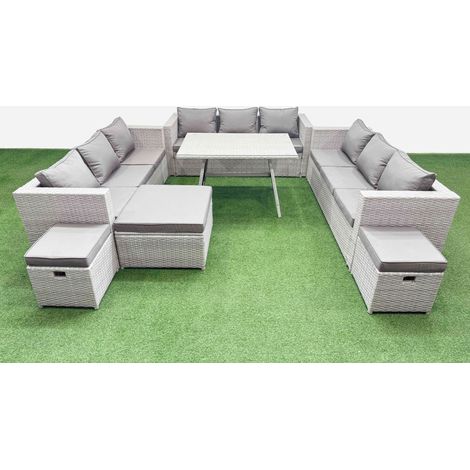 Fimous 12 Seat Outdoor Patio PE Rattan Garden Furniture with Cushions 3 Seater Sofa 3 Stool Light Grey (1/4)