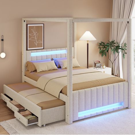 Letto a baldacchino imbottito 140x200 cm con letto estraibile, 3 cassetti, luci LED, lino beige (1/5)
