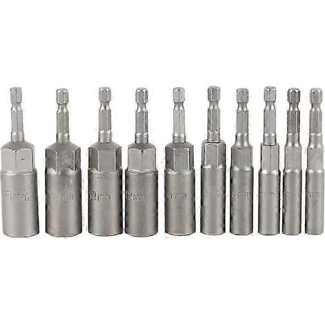 Jeu de 10 douilles hexagonales de 6,35 mm (1/4 pouce) avec adaptateur pour perceuse à percussion longue et profonde de 12,7 mm (1/2 pouce). (1/5)