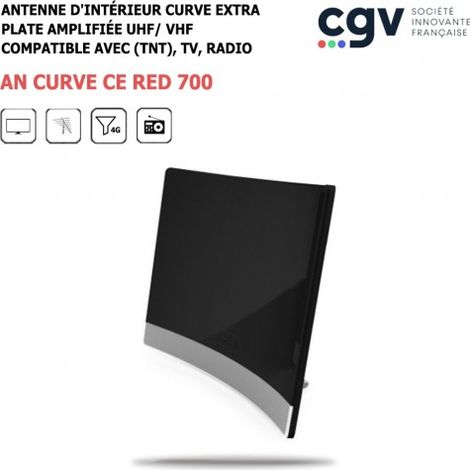 Antenne d'intérieur TNT UHF/ VHF, TV, Radio, Filtre 4G AN CURVE CE RED 700 extra plate amplifiée, CGV, Gain 20 dB, Numérique (1/4)
