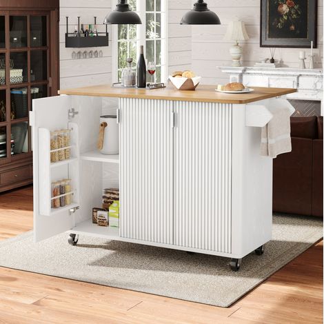 Isola da cucina 130/75/92 cm bianca con piano ribaltabile, 3 ante e ruote (1/5)
