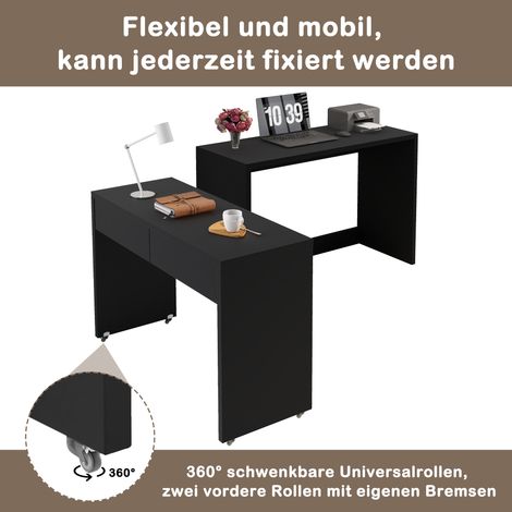 Bureau 2-en-1 compact avec étagères et commode, extensible, en bois massif de 18 mm, muni de roulettes, modulable et pliable, meuble d'étude polyvalent (1/5)