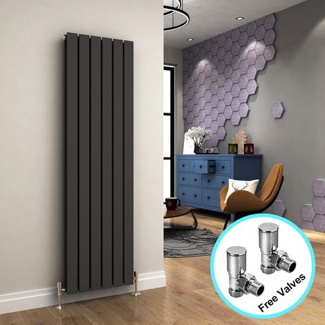 ELEGANT Anthracite Designer Steel Radiator 1600 x 452 mm Vertical Double Flat Panel with Angled Radiator Valves Central Heating Rads High Heat Output (1/5)