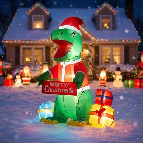 Dinosaure T-Rex de Noël Gonflable 180 cm avec Cadeaux et LED Décoration Extérieure (1/5)