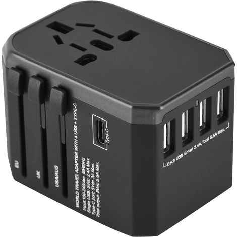 Universeller Reiseadapter mit 4 USB-Anschlüssen und Typ-C-Buchsen – US/AU/UK/EU-Konverter (Schwarz)