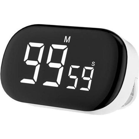 Minuterie Numérique - Écran LED Noir/Blanc - 3 Niveaux Sonores - Fonction Horloge et Réveil - Fixation Magnétique - Alimentation 3x AAA - 1 Unité