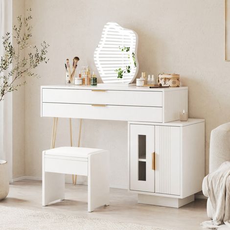 Coiffeuse blanche avec miroir LED, design coulissant, 2 tiroirs, 100 x 40 x 78 cm HAVRYA (1/5)