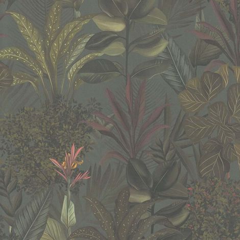 Papier peint nature sur fond vert foncé Tapisserie nuances de verts style tropical jungle Papier peint feuillage plantes pour chambre (1/4)