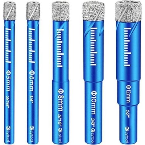 Set mit 5 Bohrern für Keramik, Glas, Granit, Marmor, Quarz, Spezialglasbohrer, Fliesenlochöffner, Diamant-Fliesenbohrer, Metall-Fliesenbohrer in 5, 6, 8, 10, 12 mm und 6 mm (1/4)