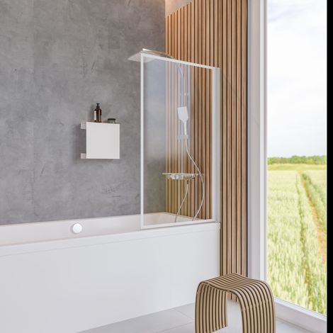 Pare-baignoire pliant, 80 x 140 cm, verre 5 mm, paroi de baignoire 1 volet, écran de baignoire pivotant Schulte, sérigraphié blanc mat, fin de série (1/3)
