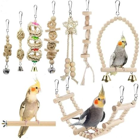 Ensemble de jouets pour oiseaux et perroquets, 9 pièces, accessoires pour cage, jouets, perchoir, échelle, jouets à mâcher, hamac pour perruches, inséparables, pinsons et autres petits animaux de comp (1/5)