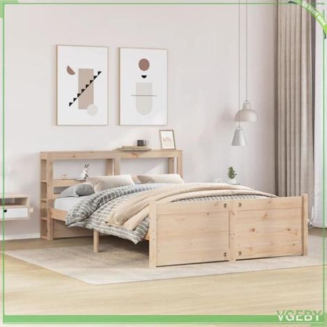 Cadre de lit avec tête de lit - Mod. 3306013 - 140 x 190 cm - Bois de pin massif - 2 étagères intégrées (1/5)
