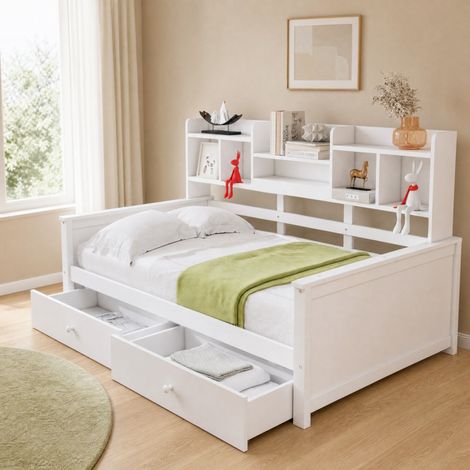 Kinderbett 90x200 cm mit Schubladen und Stauraum, Lattenrost, weiß OKMYHOME (1/5)