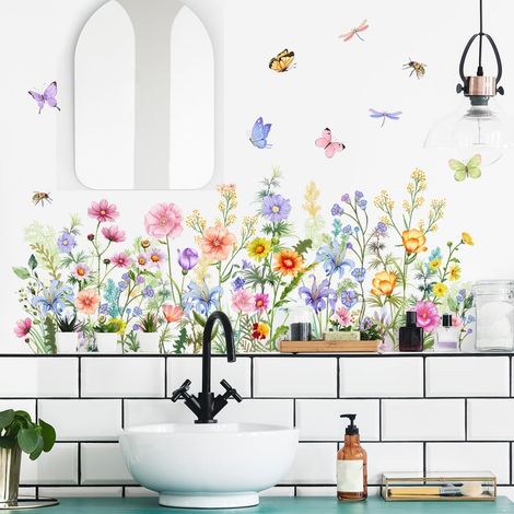 Stickers muraux papillons et fleurs, plantes florales, marguerites, décoration salle de bain, chambre bébé et enfant. (1/5)