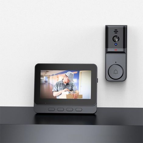 JSSEVN - Videoportero sin necesidad de WiFi, pantalla de 4,3 pulgadas, cámara inalámbrica, comunicación bidireccional, visión nocturna, monitor con batería de larga duración. (1/5)