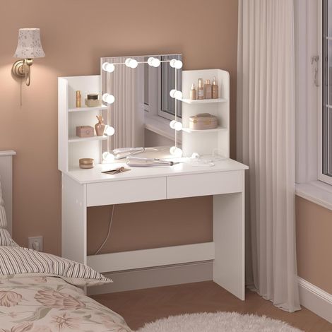 Coiffeuse avec Miroir LED WOLTU, Table de Maquillage avec Miroir, Coiffeuse avec 2 Tiroirs et 4 Étagères, Blanc, 90x135x40 cm (1/4)