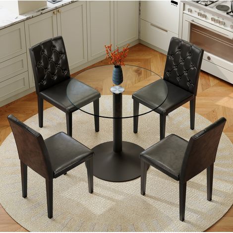 Juego de comedor, mesa redonda de vidrio templado, 4 sillas, metal y PU negro (1/5)