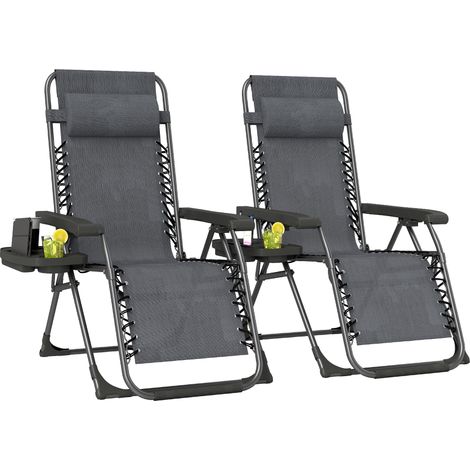 Outsunny Zero Gravity Chairs Set of 2 with Cup Holder, Headrest, Dark Grey