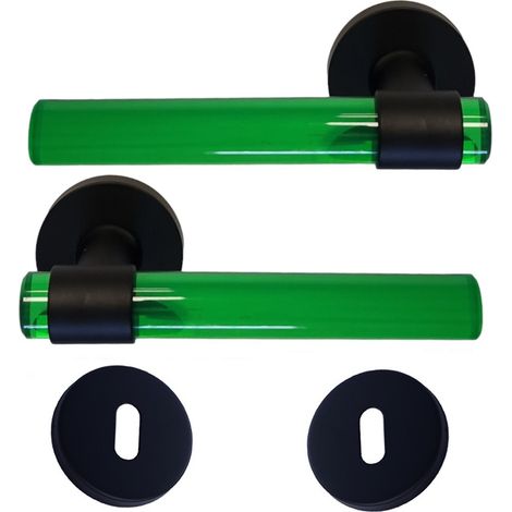 Par de tiradores de puerta "JOY" en tubos de cristalina VERDE y Pies de acero inoxidable negro  +1 Pareja de rosas con agujero de llave (1/2)