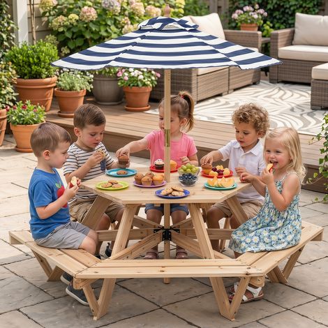 Table de pique-nique enfant hexagonale en bois naturel avec 6 bancs et parasol réglable pliable pour jardin, parc et terrasse (1/5)
