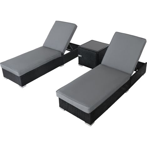 Set 3pz Lettini Prendisole Rattan Nero Reclinabili con Tavolino