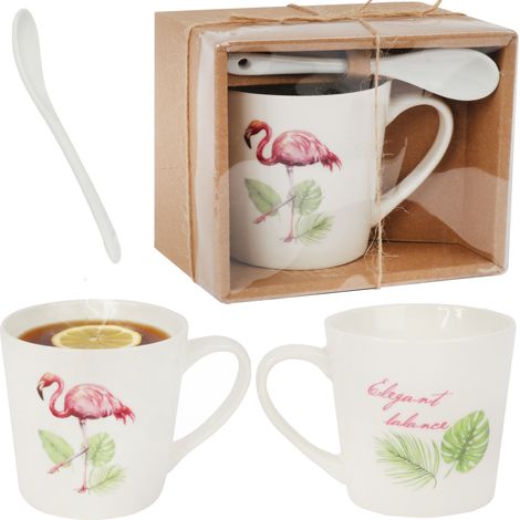 Geschenkset bestehend aus Keramikbecher und Löffel mit Flamingos und Blättern (1/5)