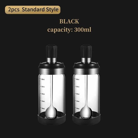 (2 pots à épices de 300 ml, noirs, sans poignée), boîte de rangement, avec cuillères (1/4)