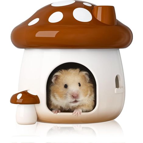Hamster Hideout Ceramic Mushroom Hamster Home and Habitat Fresh Bed Ideal for All Seasons Hamsters Dwarfs Gerbils Golden Bear (Brown-Large) (1/5)