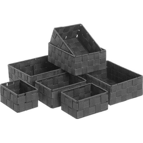 Panier de rangement rectangulaire - JUANIO - Lot de 7 - Polypropylène - Tressé - Gris foncé (1/4)