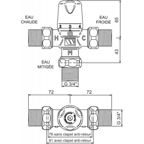 Mitigeur thermostatique compact MMVC Corps 1" - Union Mâle 3/4 (1/6)