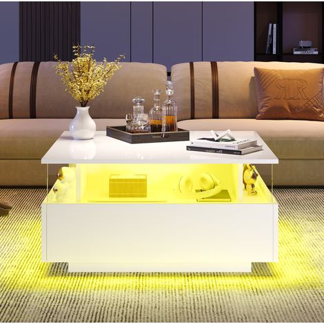 Tavolino da salotto LED quadrato 70 x 70 x 41 cm, 2 cassetti, bianco DESVIAE (1/5)