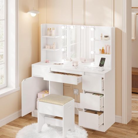 WOLTU Corner Dressing Table, LED Vanity Makeup Desk with Mirrors 5 Drawers, White Bedroom Furniture Corner Curved Vanity Table
