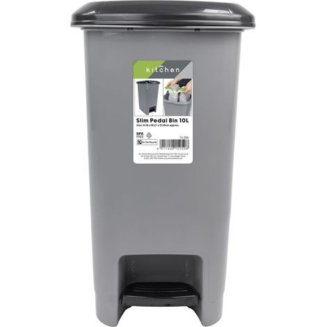 JVL Slim Plastic Lidded Foot Pedal Waste Bin, 10L, Grey (1/5)