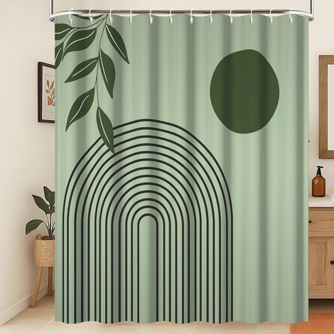 Rideau de Douche Bohème Art Abstrait Moderne Feuilles Vertes Ligne de Soleil Rideau de Salle de Bain Rustique Printemps Floral Vert Sauge Rideau de Douche imperméable et Lavable 150x200cm (1/5)