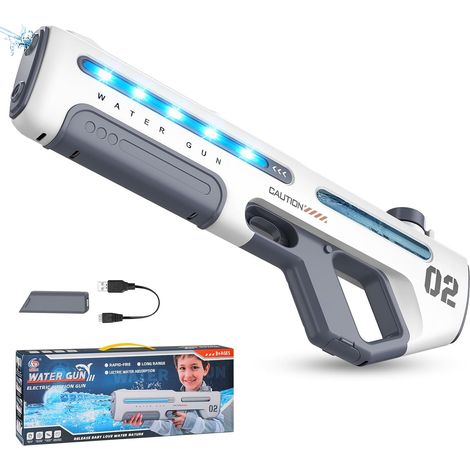 Pistolet à Eau Électrique, Pistolet a Eau Puissant avec Absorption Automatique de l'eau Portée 8m, Lumières LED, Tir Continu, Jouet Extérieur Été pour Plage, Piscine pour Enfant et Adultes (Blanc) (1/5)