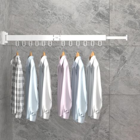 Perchero plegable (se pliega en dos secciones), retráctil, de pared, con 12 ganchos, esencial para colgar ropa, color blanco. (1/5)