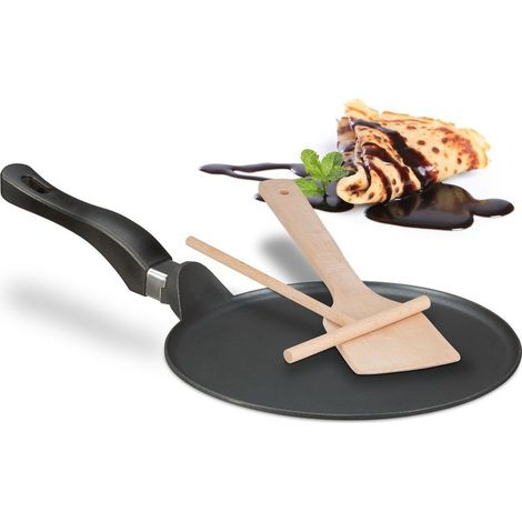 Relaxdays Poêle à crêpes avec râteau & spatule, pour plaque à induction, aluminium, crêpière, diamètre de 25 cm, noir