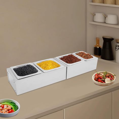 Set von 4 Gewürzen, Zutaten Behälter, Edelstahl mit Abdeckung, Zucker, Salz, Soße, Essig zu speichern, für das Essen, Küche, Buffet, Salat, 66,2  18  10,5 cm (1/5)