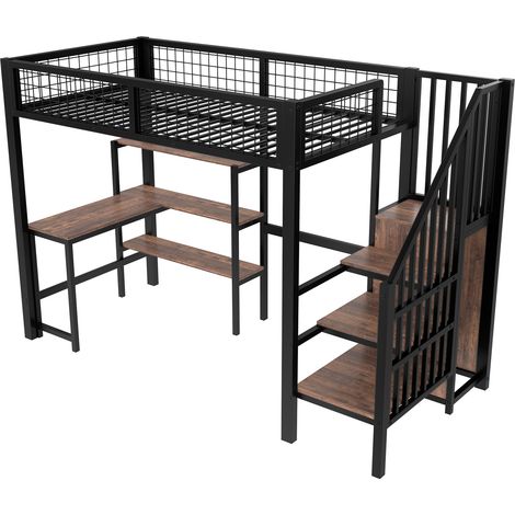 Lit mezzanine 90x200 cm, structure métallique, bureau sous lit, étagères, sans matelas, armoire intégrée, noir, chambre ado, matelas non inclus (1/5)