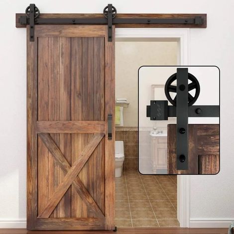 183 cm Simple Porte Quincaillerie pour Porte Simple Coulissante de Grange En Bois Antique Roue de Base à Gros Rayons Noir Roller Kit Système de Porte avec Roulettes et Rail