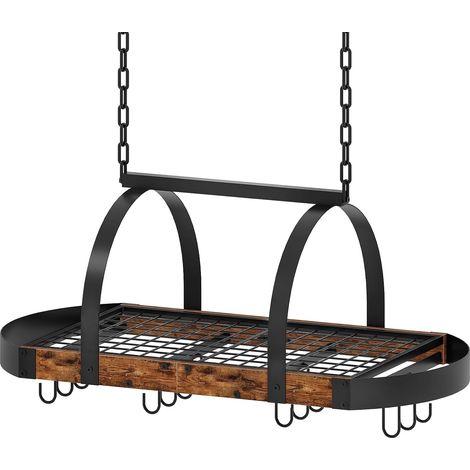 Porte-Casserole Suspendu, Rangement de Cuisine, Support à poêle Suspendu au Plafond avec 12 Crochets, pour ustensiles, Gain d’Espace, Marron Rustique et Noir