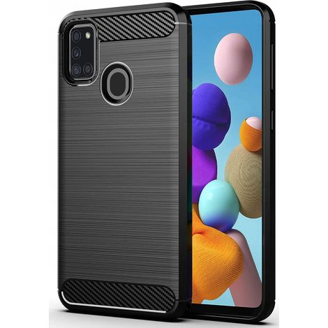 Custodia per Samsung Galaxy A21S, cover posteriore in carbonio nera con vetro. (1/4)