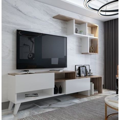 Conjunto mueble TV HADISE blanco y madera 135 cm (1/4)