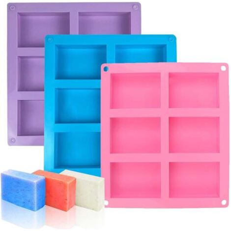 Lot de 3 moules à savon en silicone, 6 cellules, pour faire des gâteaux, des glaçons et du savon (rose + bleu + violet) (1/5)