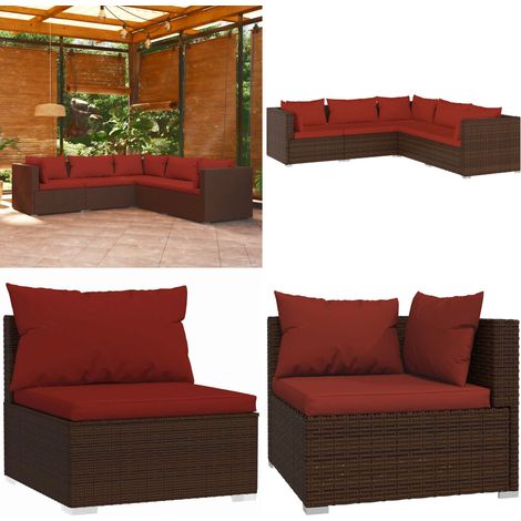 Salon de jardin 5 pcs avec coussins résine tressée marron - Meubles De Jardin - Salon De Jardin - Ensemble De Canapés - Canapé D'angle - Canapé Extérieur - Home & Living (1/5)
