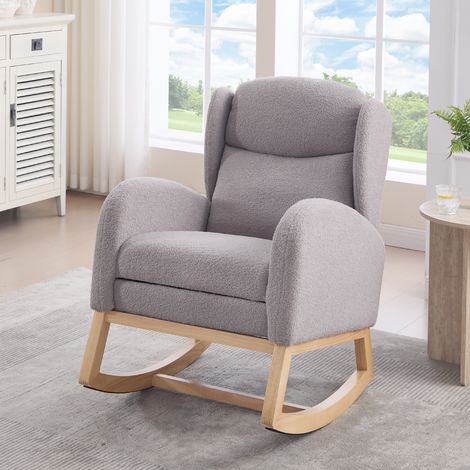 Sillón mecedor, con bolsillos laterales y reposapiés ajustable, tapizado en tela suave, ideal para salón o dormitorio, gris (1/5)